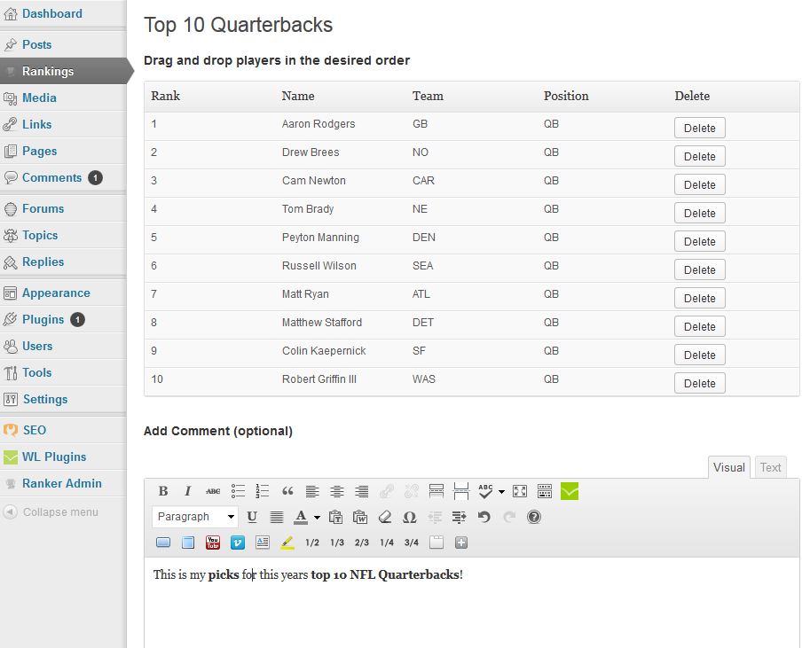 STEP 5B: What the authors see when creating rankings, in this photo they have deleted 22 items from the default list and created their top 10.