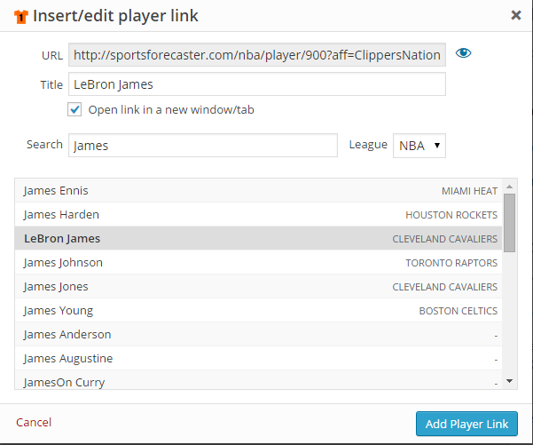 "Insert/Edit Player Link" dialog window