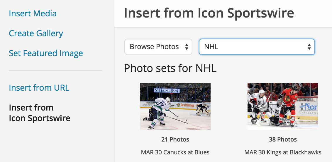 Browse photos from Icon Sportswire. Choose the league, and see photos organized by game.