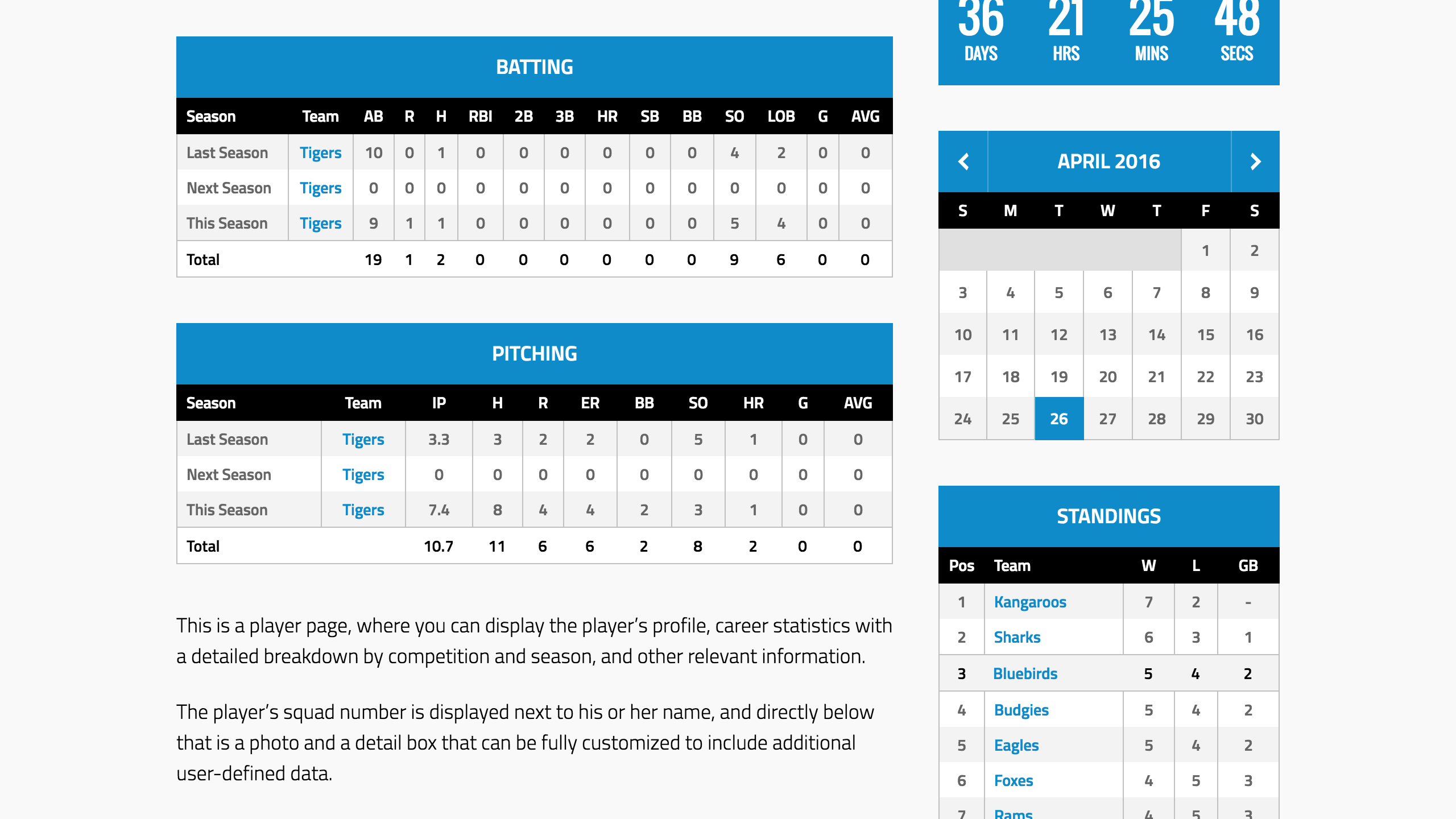 Player statistics in a pitcher's profile page.
