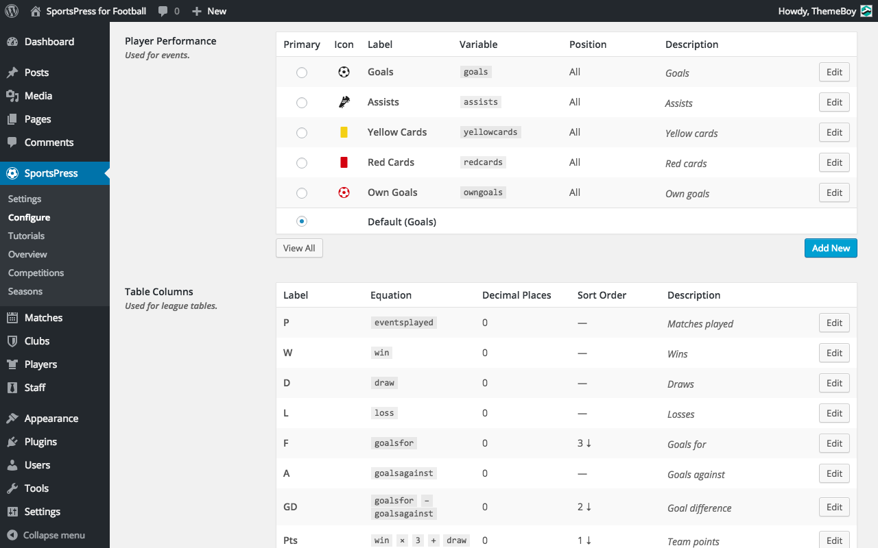 Player Performance configuration screen.