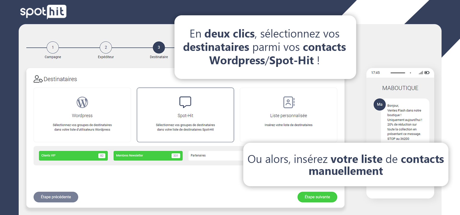 Select your recipients from your Wordpress or Spot-Hit contacts