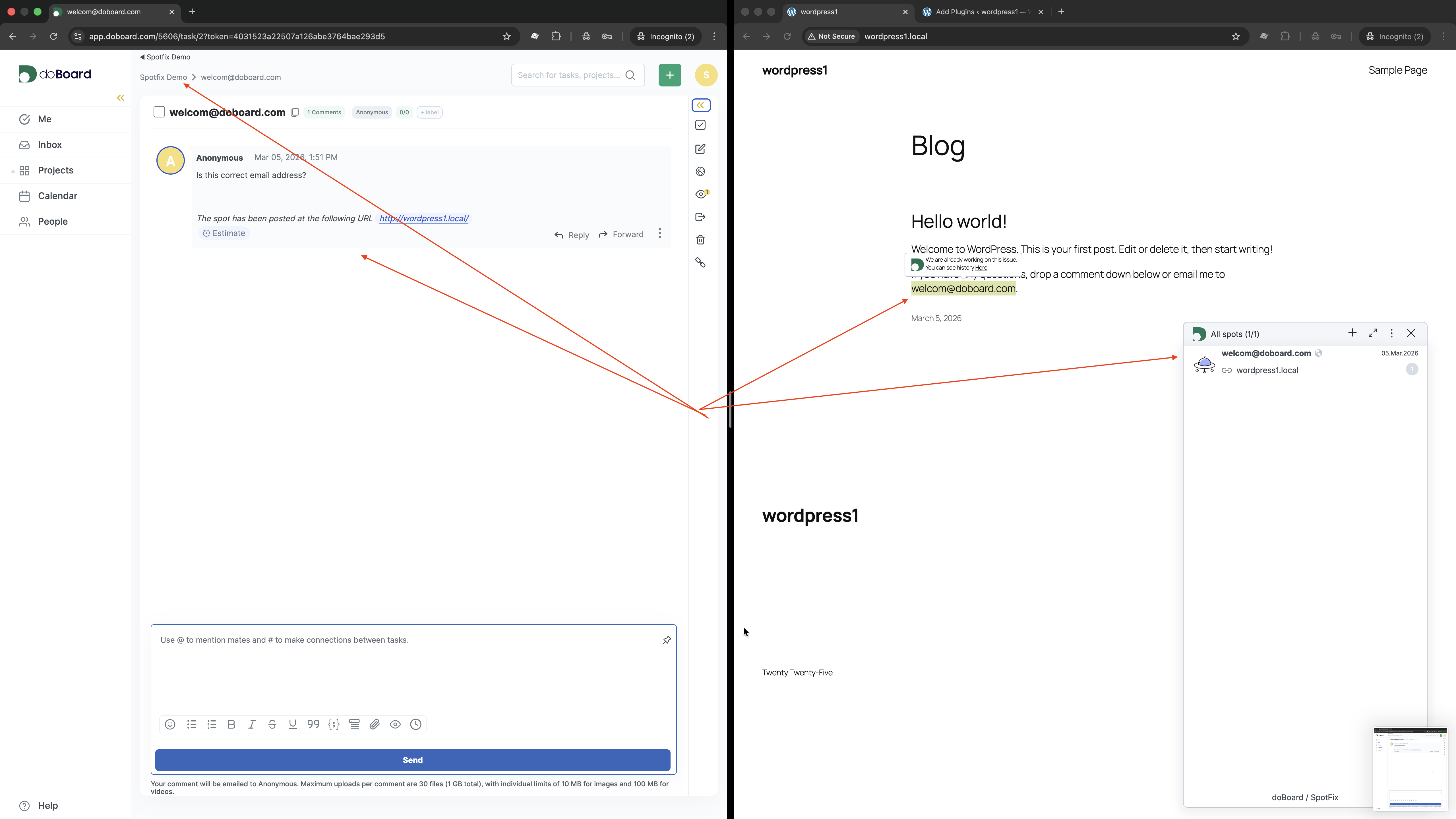 The website owner or studio sees the report (spot) in the task management tool (doboard.com).