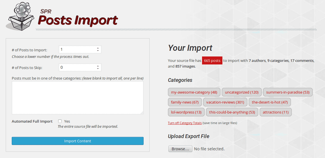 This is what the import form and file analysis look like.