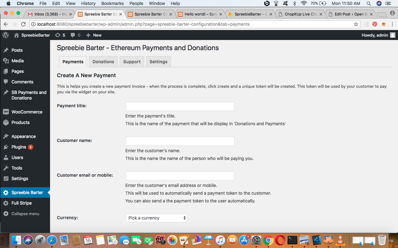 The Spreebie Barter page on the admin backend - this is where the payments and donations are created.