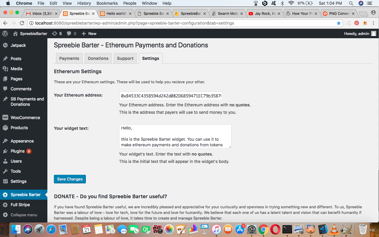 This is the settings page where a user enters the Ethereum address that will receive funds.