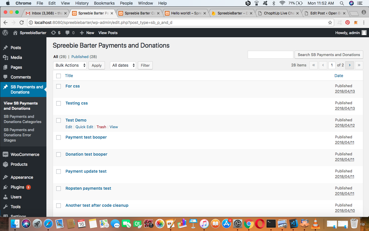 The list page showing all the payments and donations that have been created.