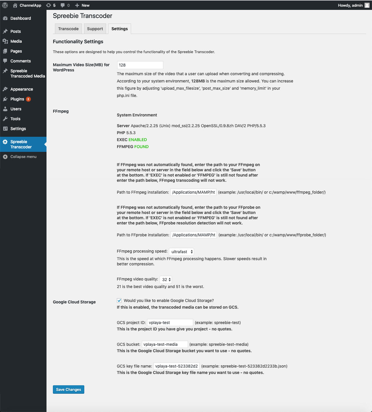 The Spreebie Transcoder backend with the "Settings" tab active.