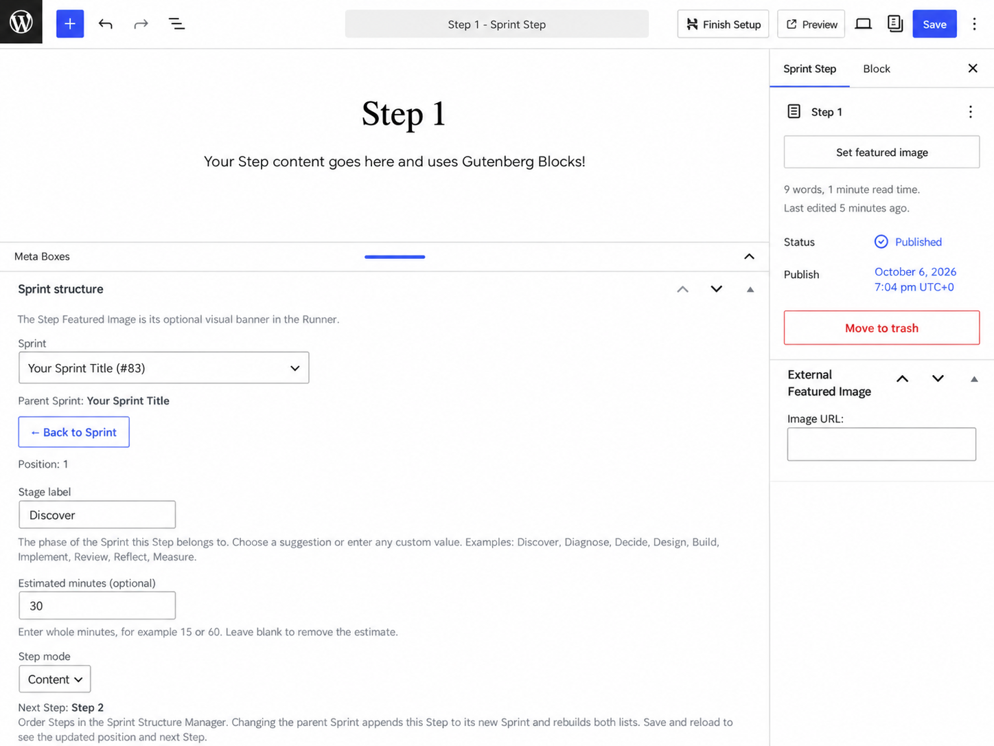 Edit individual Steps using the WordPress block editor, including stage labels, duration and Step settings.
