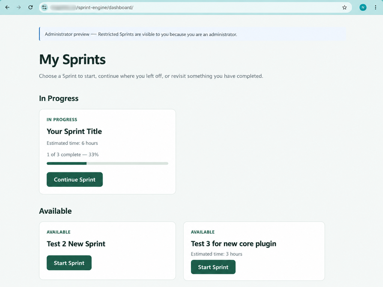 Track available and in-progress Sprints from the My Sprints Dashboard, with saved progress and resume actions.