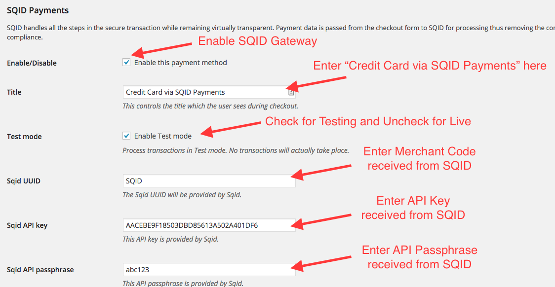 SQID Payments Gateway Checkout Setting Page