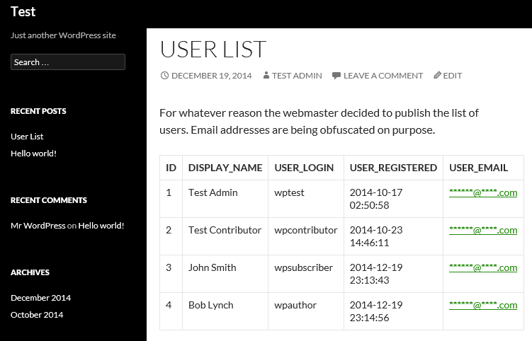 Using the [sql] shortcode you can display the list of users of your website.