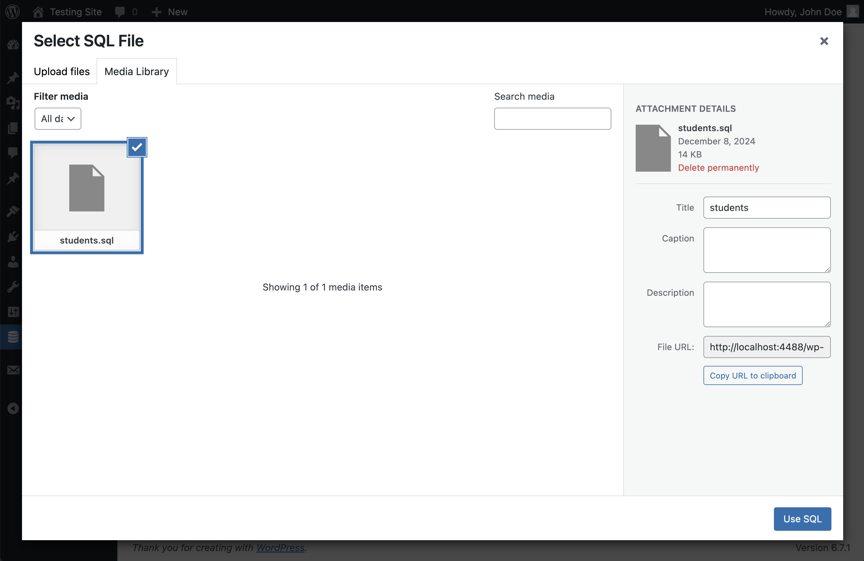Import Modal - Select the SQL file you intend to import.