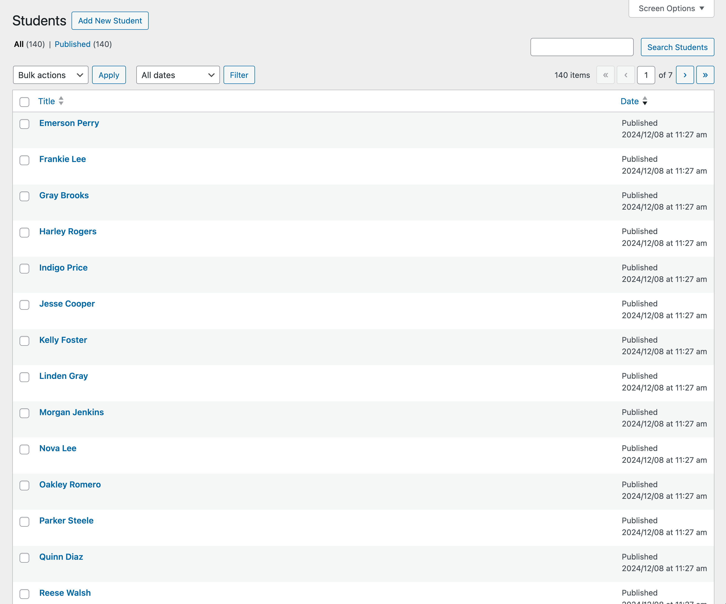 Custom Post Type page - List of uploaded data from SQL file.
