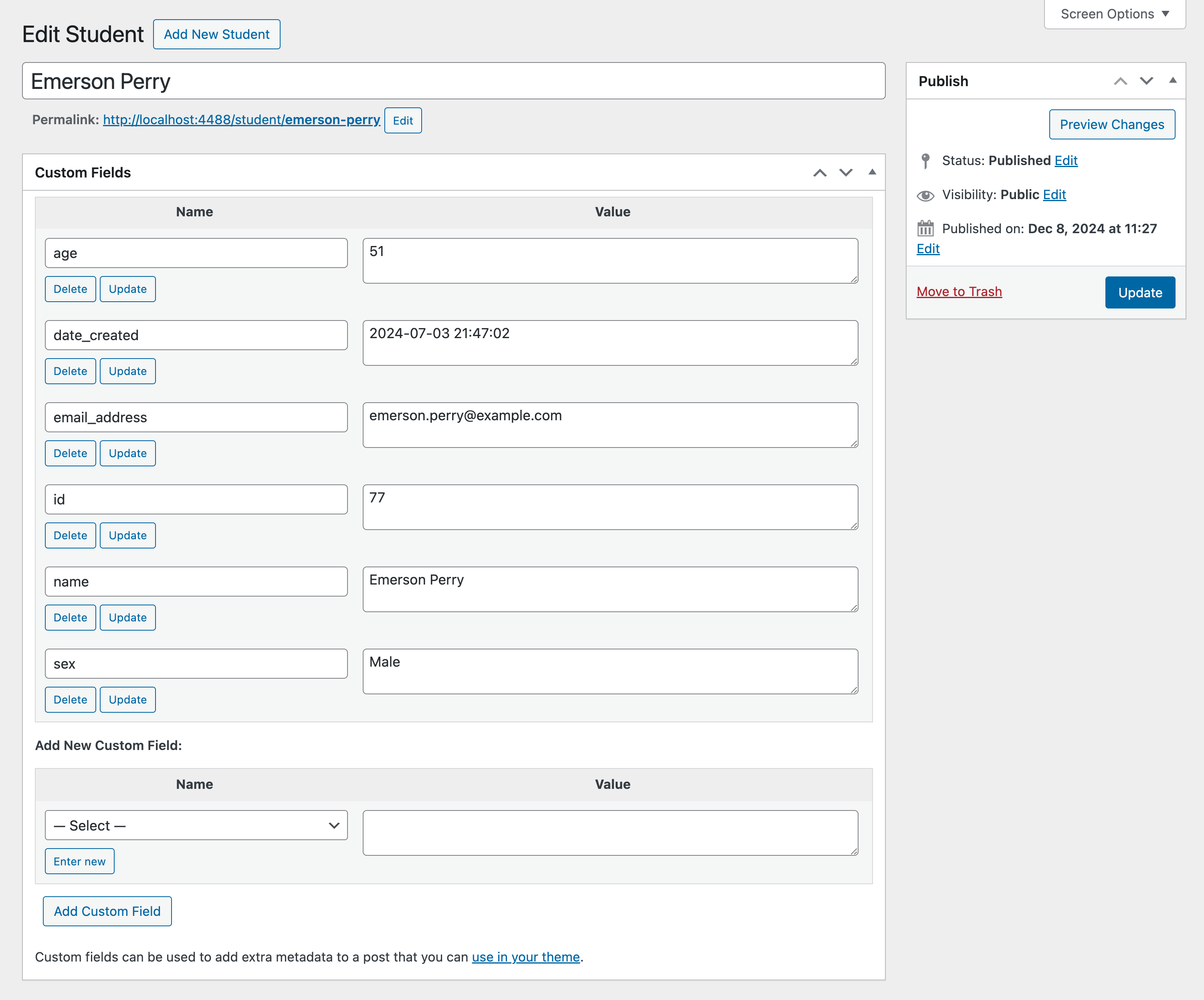 Custom Post Type screen - Imported SQL data showing custom fields in CPT.