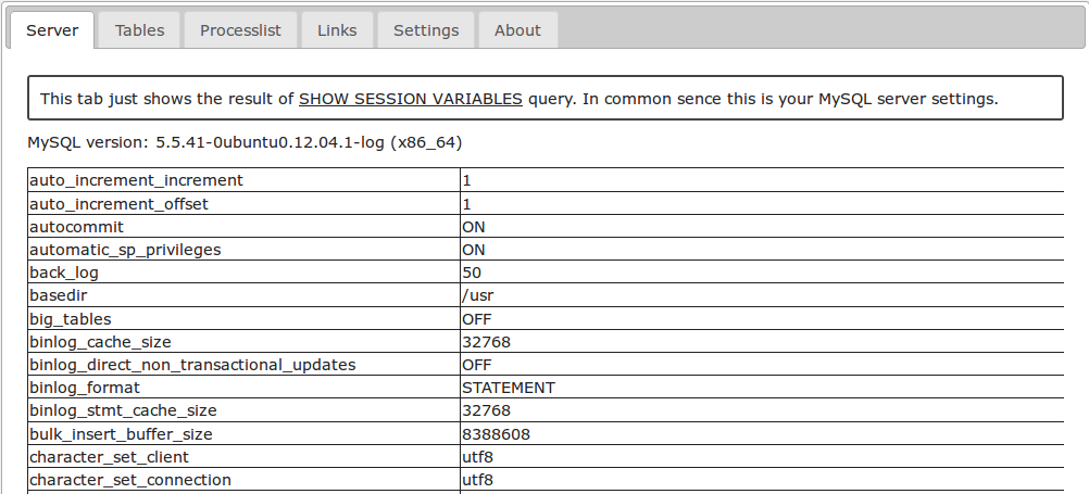 MySQL server settings.