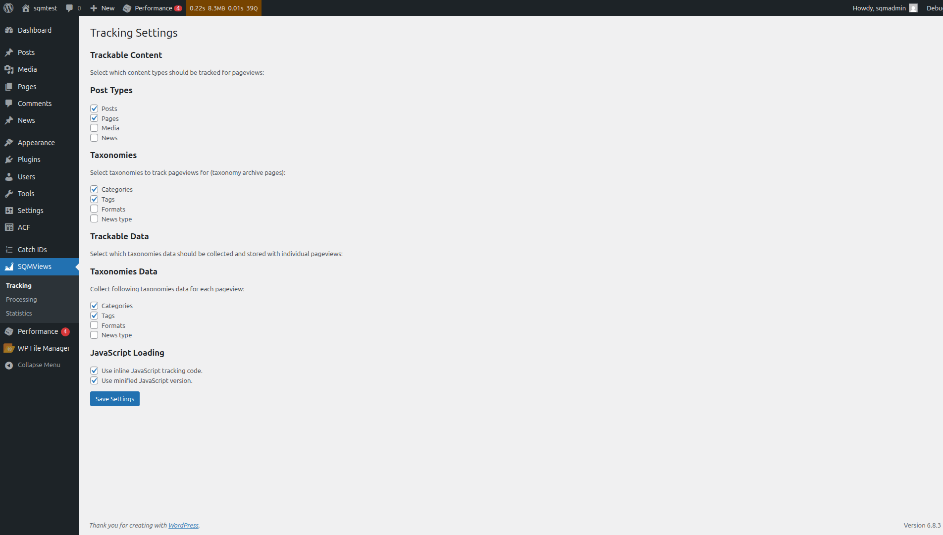 Tracking settings page for configuring which post types and taxonomies to track