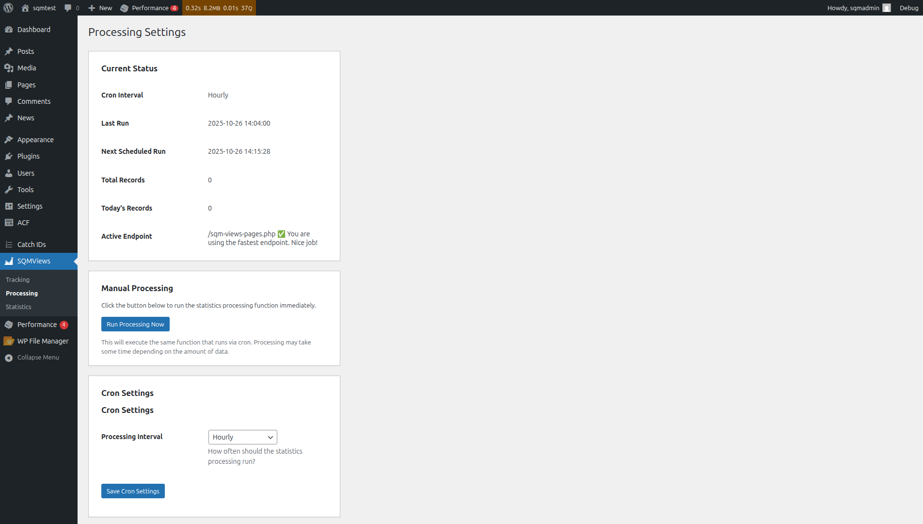 Processing settings page showing cron status, scheduled runs, and manual processing options
