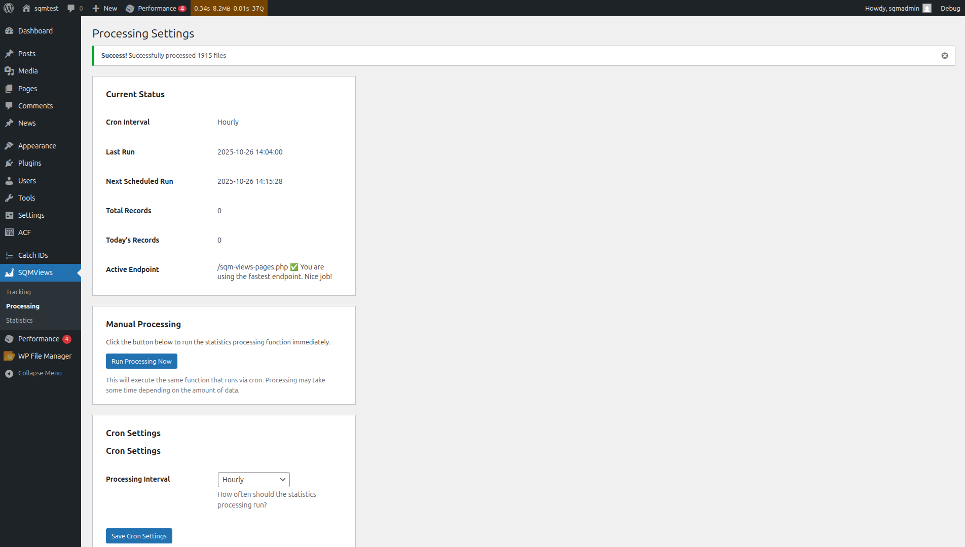 Statistics overview displaying total records, recent activity, and active endpoint configuration