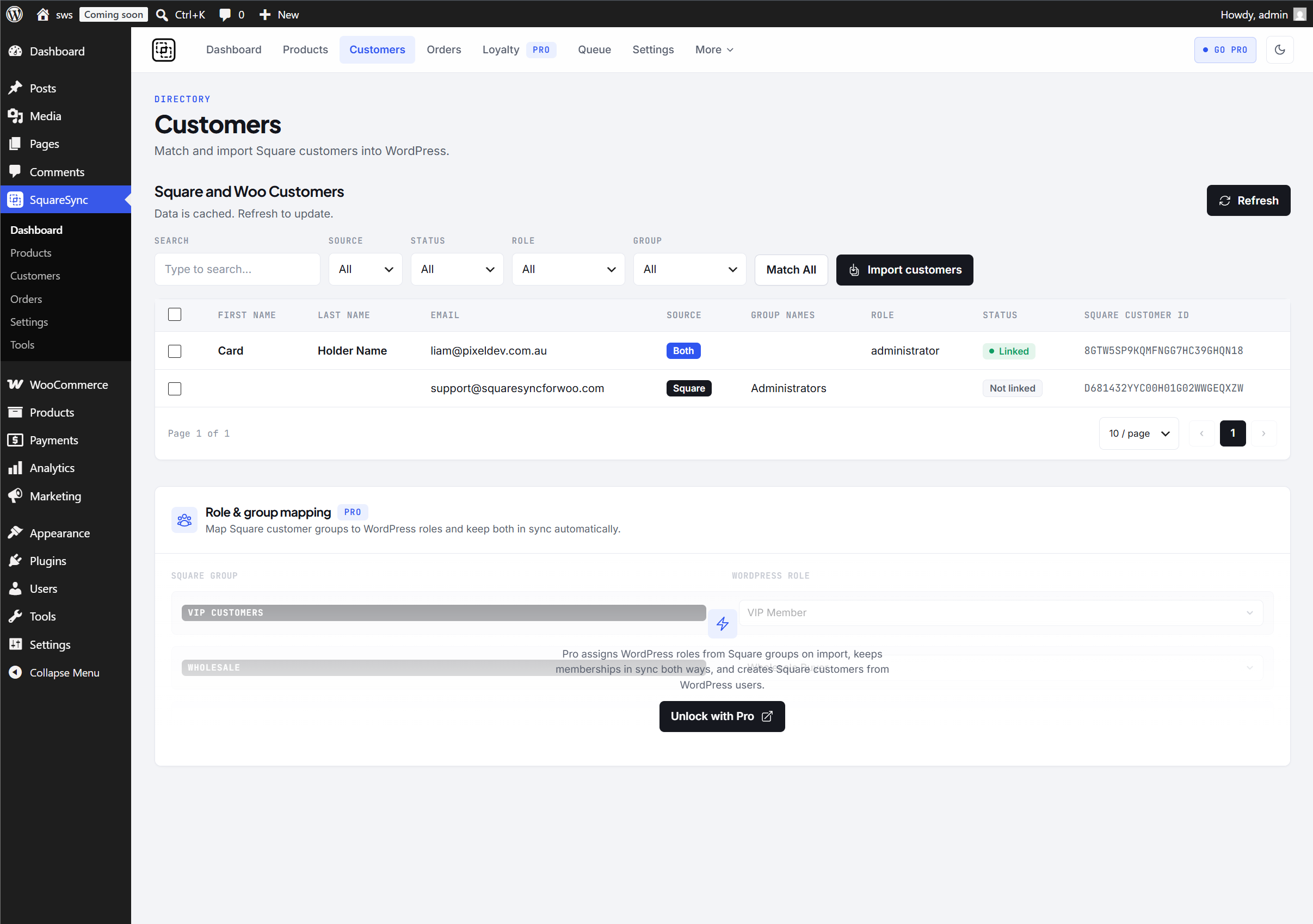 Customers — match and import Square customers into WordPress