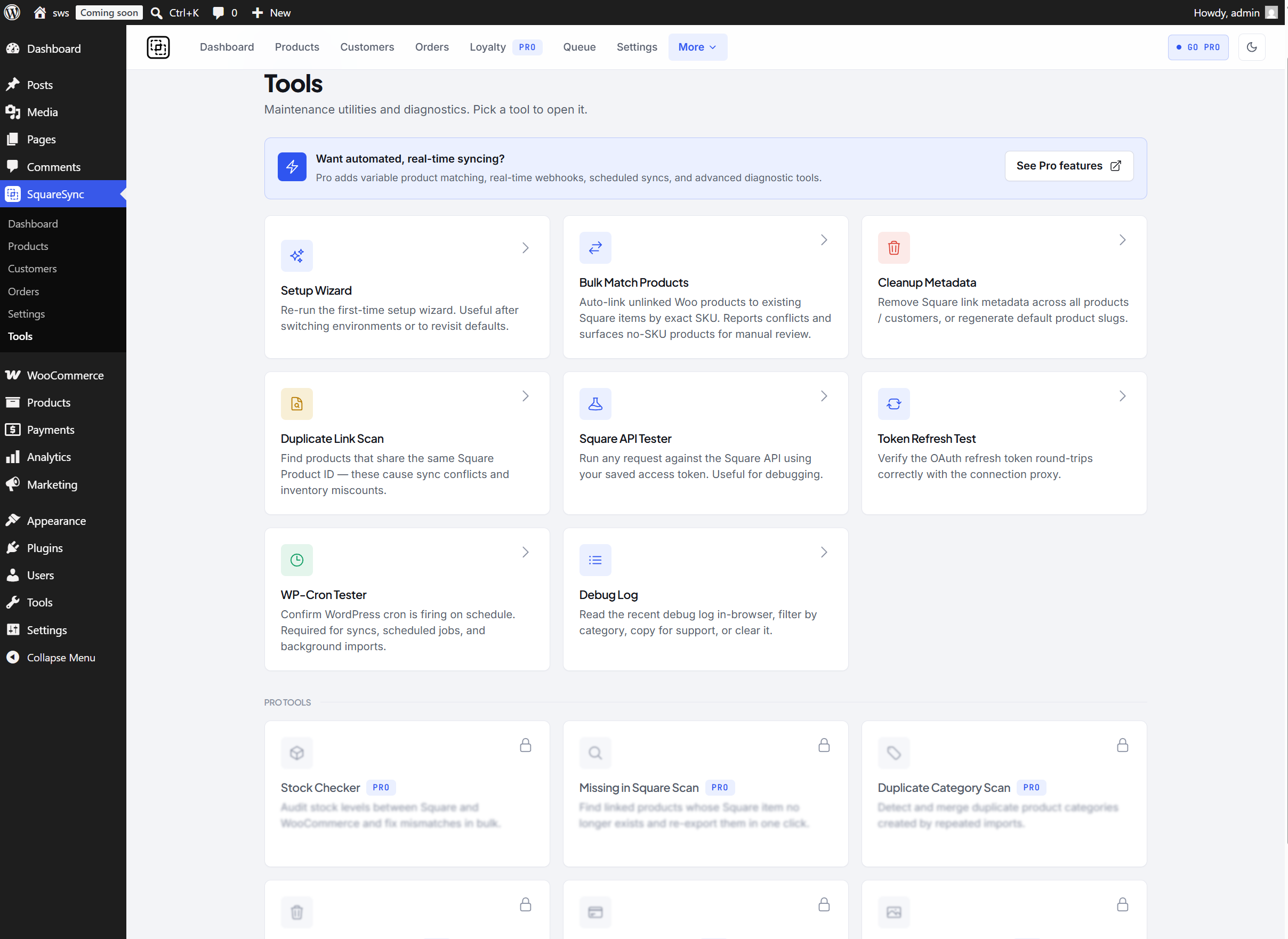 Tools — maintenance utilities and diagnostics, from bulk matching to debug logs