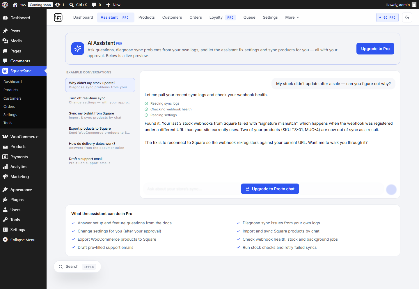AI Assistant (Pro) — chat that diagnoses sync issues from your logs and syncs products for you