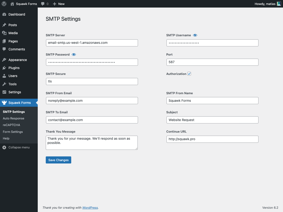Amazon SES, SMTP, sender, recipient and other settings.