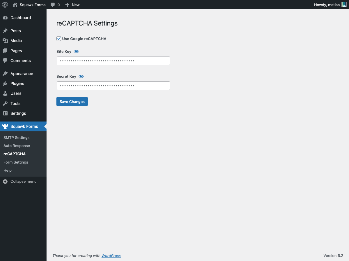 Google reCAPTCHA settings.