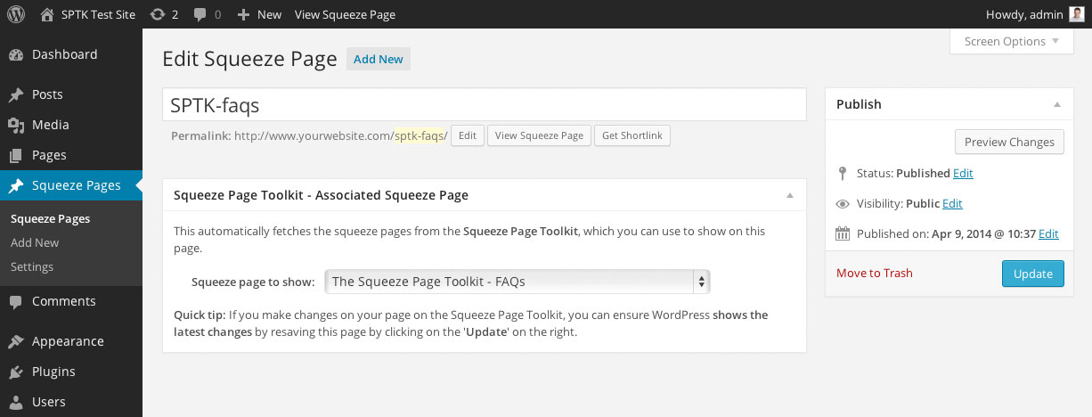 This screenshot shows how you set up a single landing page (or squeeze page) by selecting an existing page from the squeeze page toolkit and then customising the URL within WordPress.