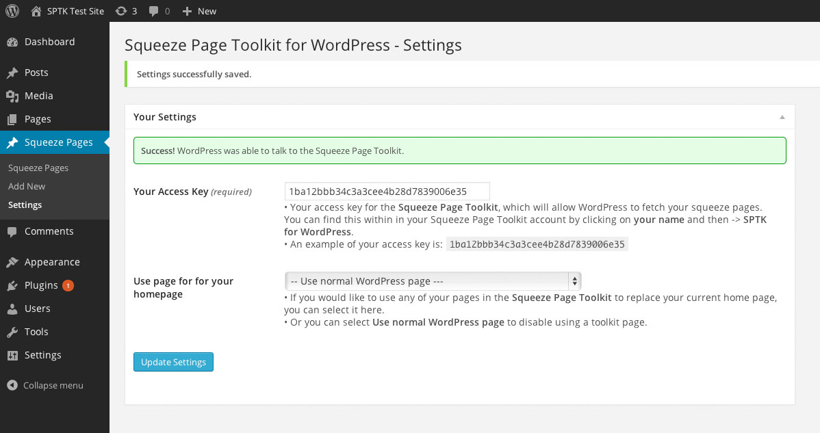 This shows the settings page for the plugin.