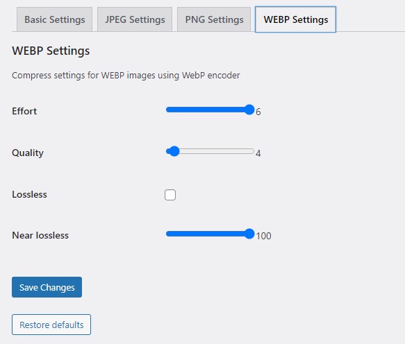 Squeeze's WEBP compression options