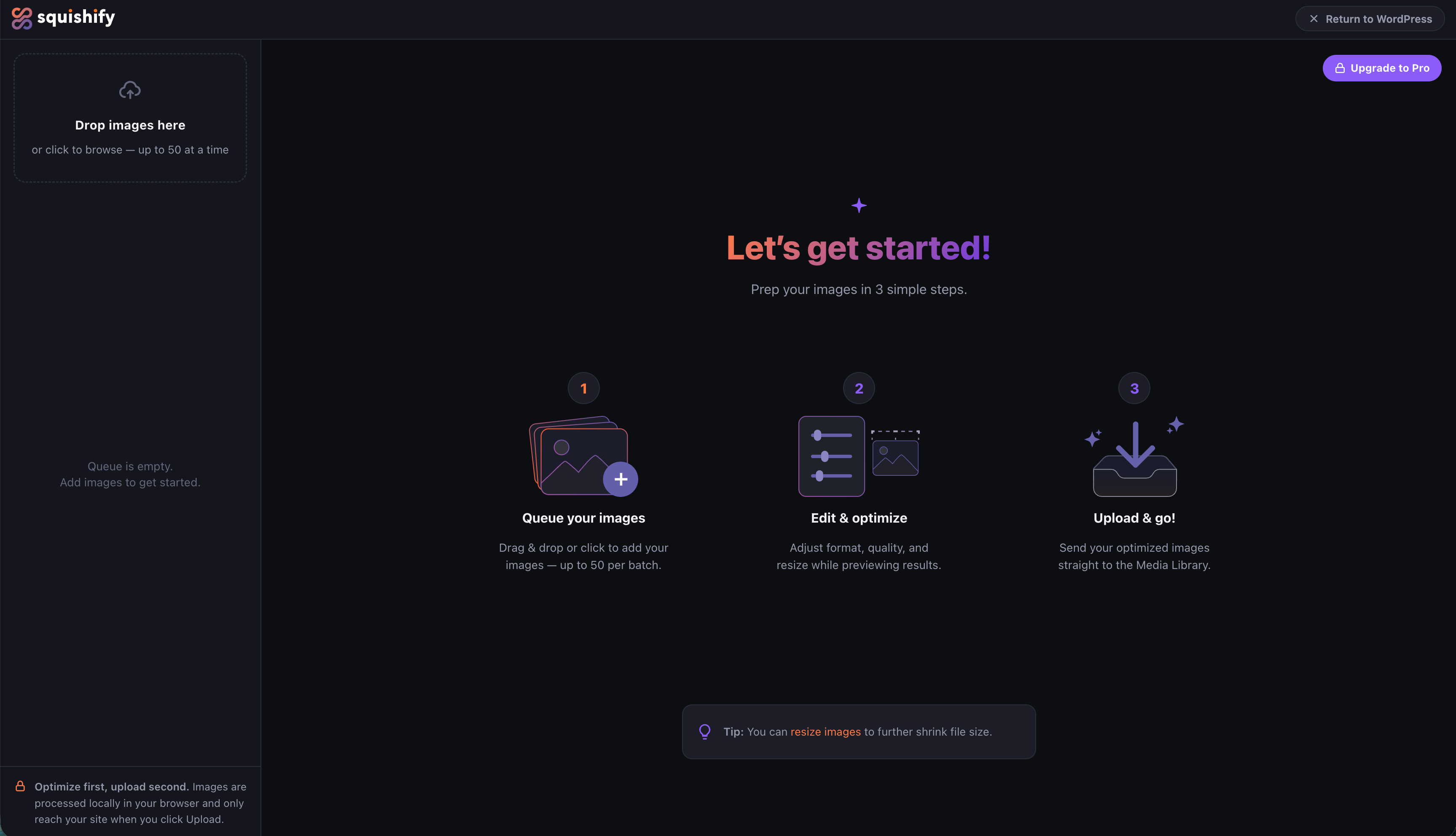 The Squishify editor — "Let's get started".
