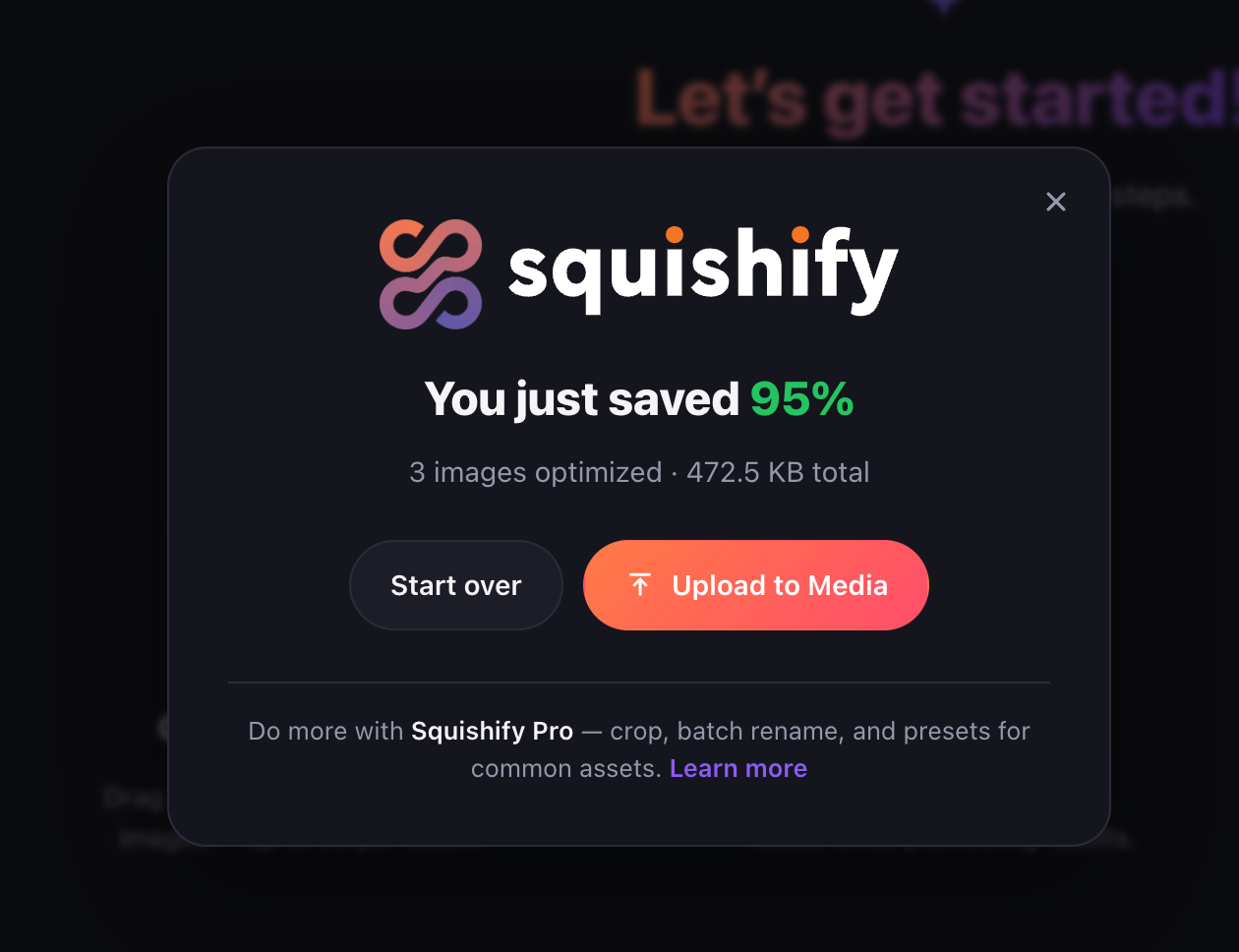 Finalize — showing how much Squishify saved.