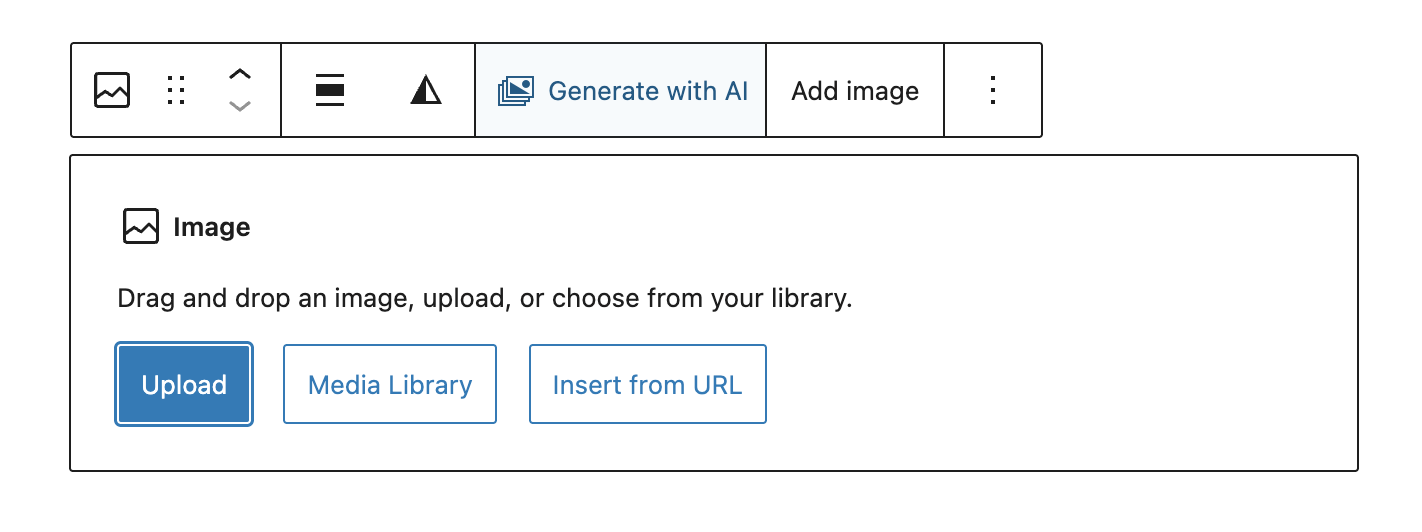 "Generate with AI" button in the Image block toolbar in the Gutenberg editor