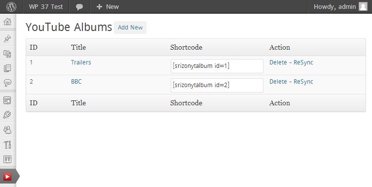 Admin View - Album list with shortcodes