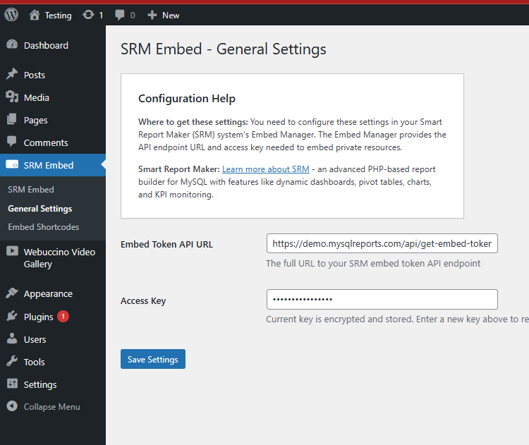 Configuration panel for SRM WordPress plugin