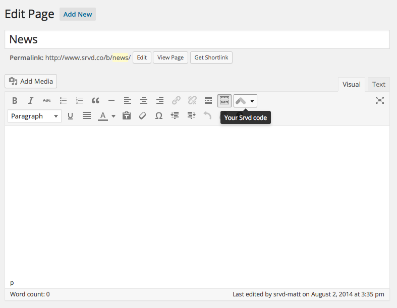 This is how the WYSIWYG editor will look once the Srvd Wordpress plugin has been installed.