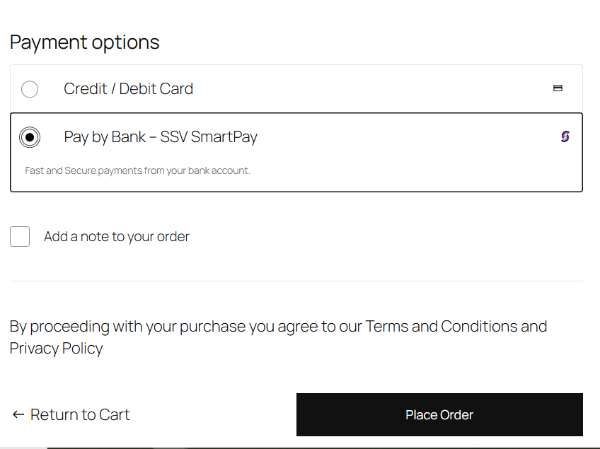 Screenshot of the checkout page with the selected payment method.