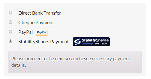 Checkout with option for stabilityshares payment.