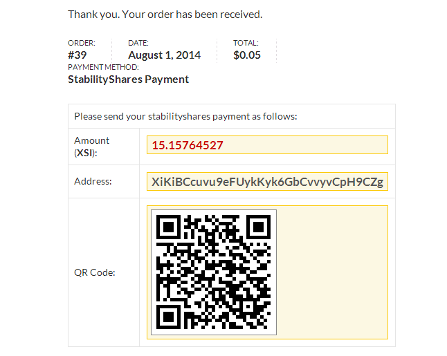 Order received screen, including QR code of stabilityshares address and payment amount.