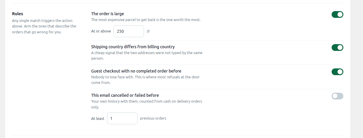 The four built-in rules with their thresholds: order value, shipping versus billing country, guest with no prior order, and previous cancelled or failed COD orders.