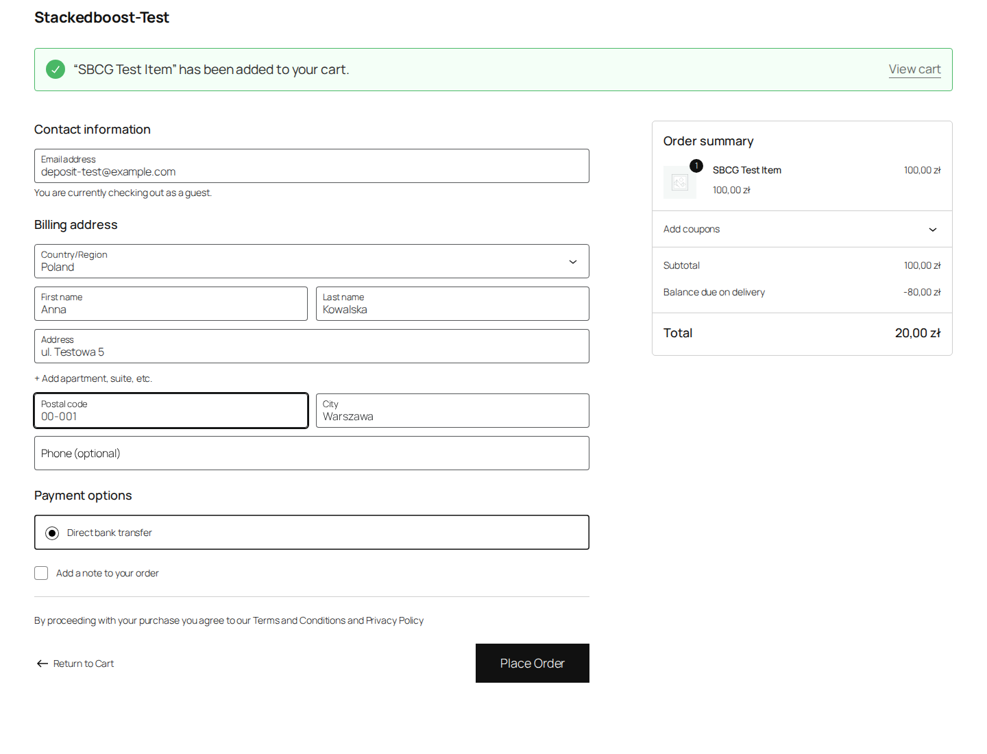 The block checkout from the customer's side once a rule has matched. The order summary shows the subtotal, the balance held back for delivery, and the reduced amount payable now.