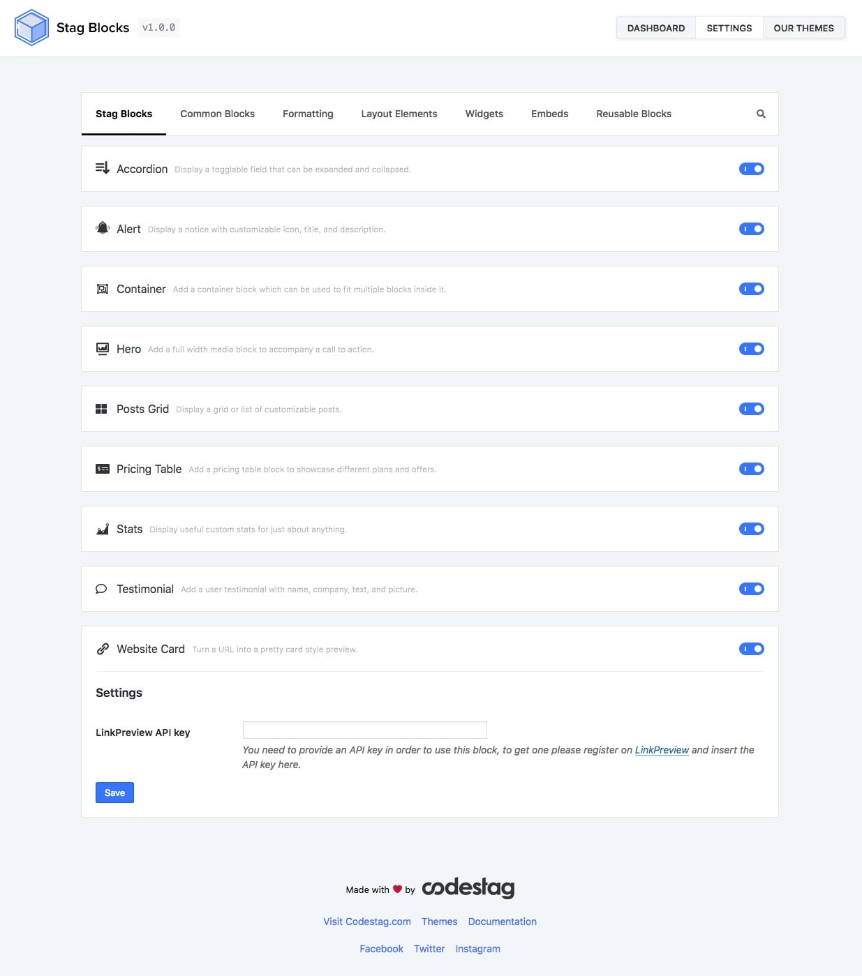 Stag Blocks settings page.
