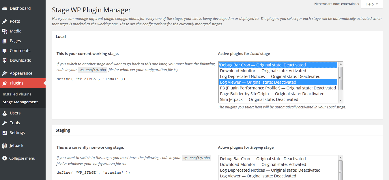Stage WP Plugin Manager settings, where you can attach plugins to any stage.