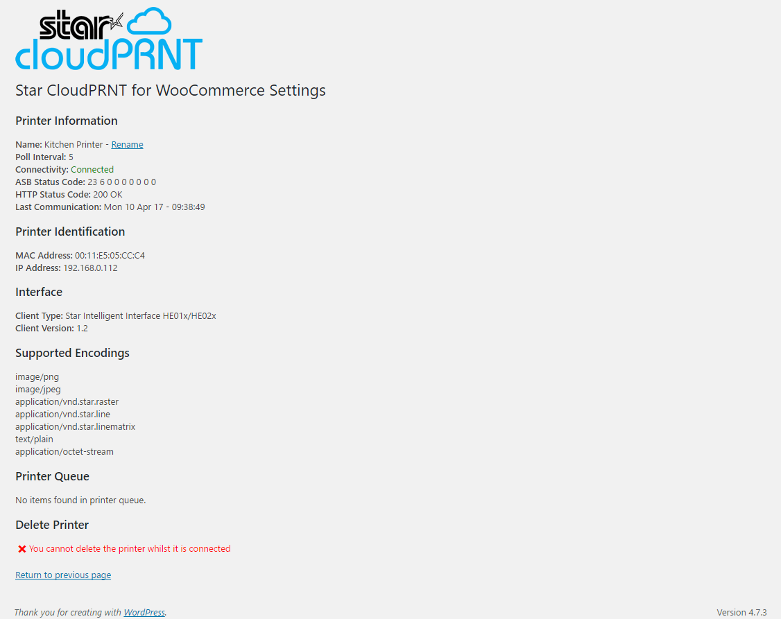 Printer management page.