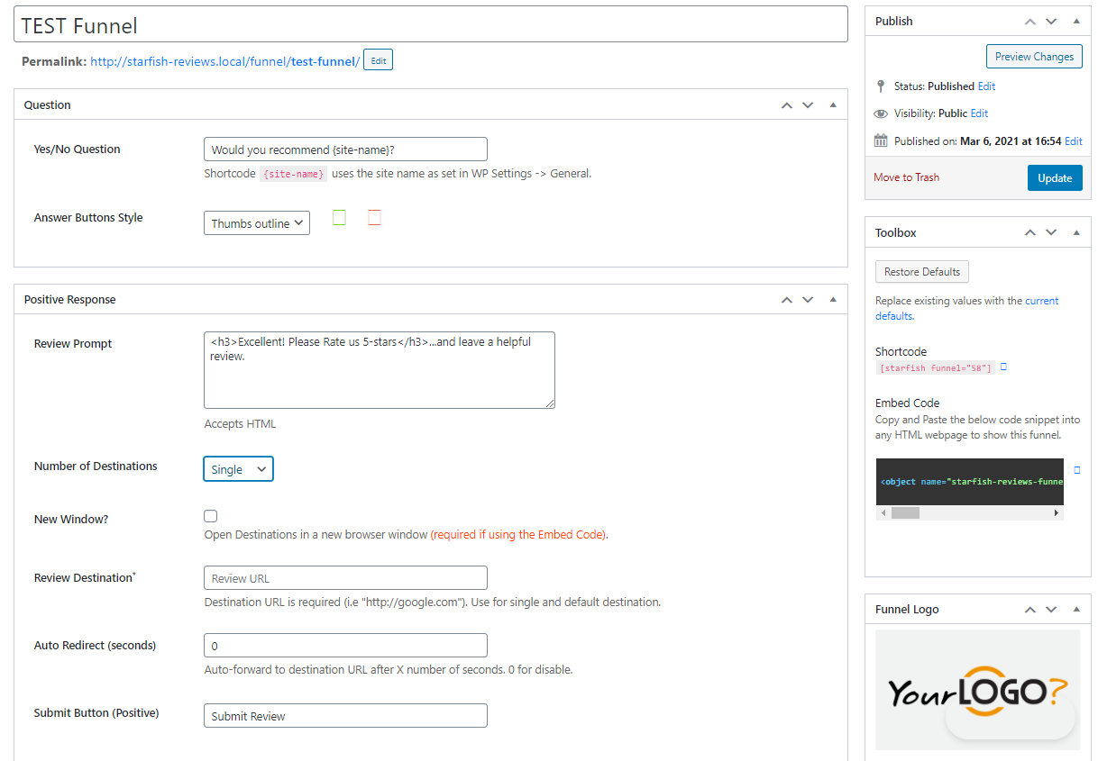 The Default Settings screen.