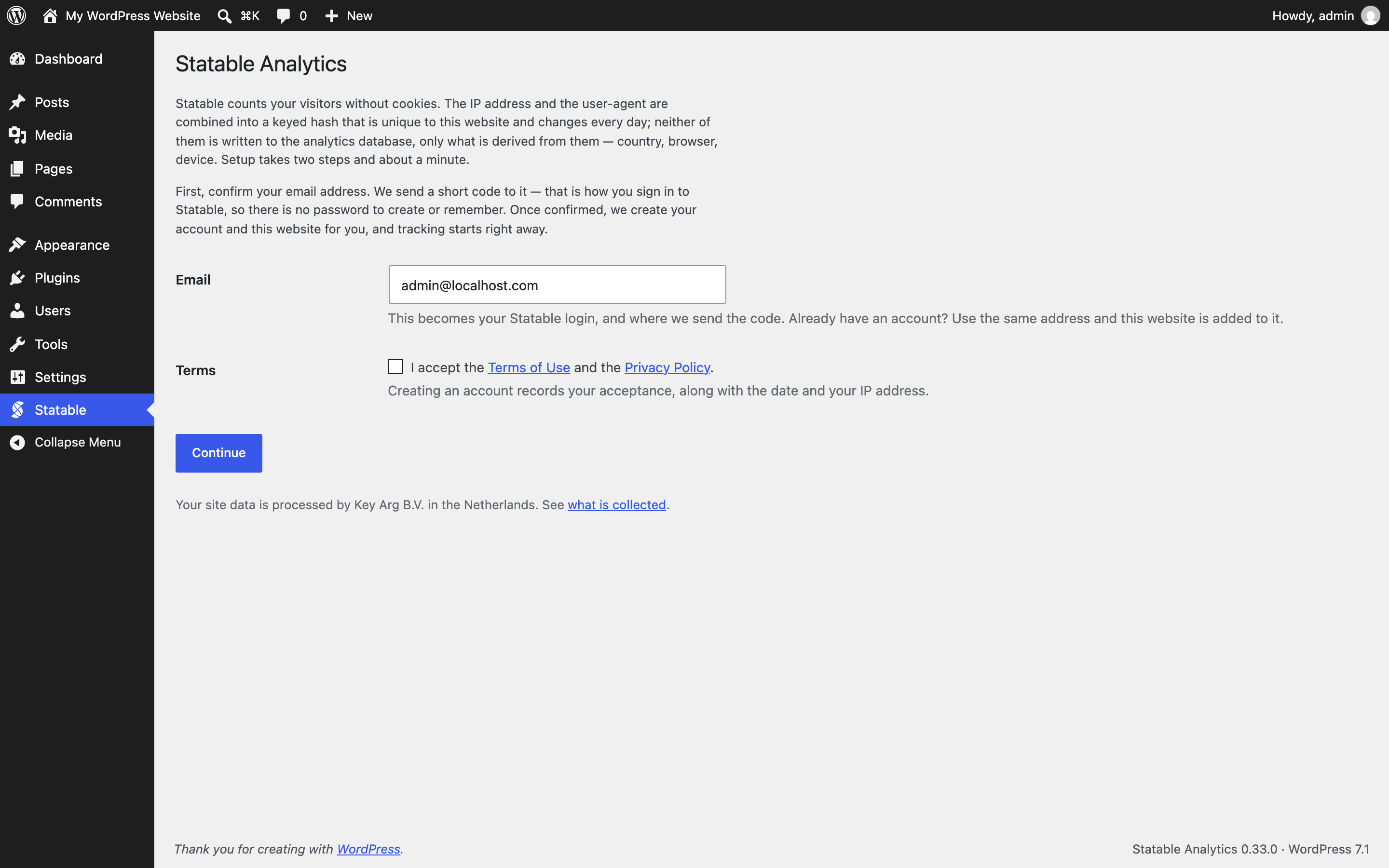 Setup in two steps — your email, then the code we mail you. The account and the site are created for you.