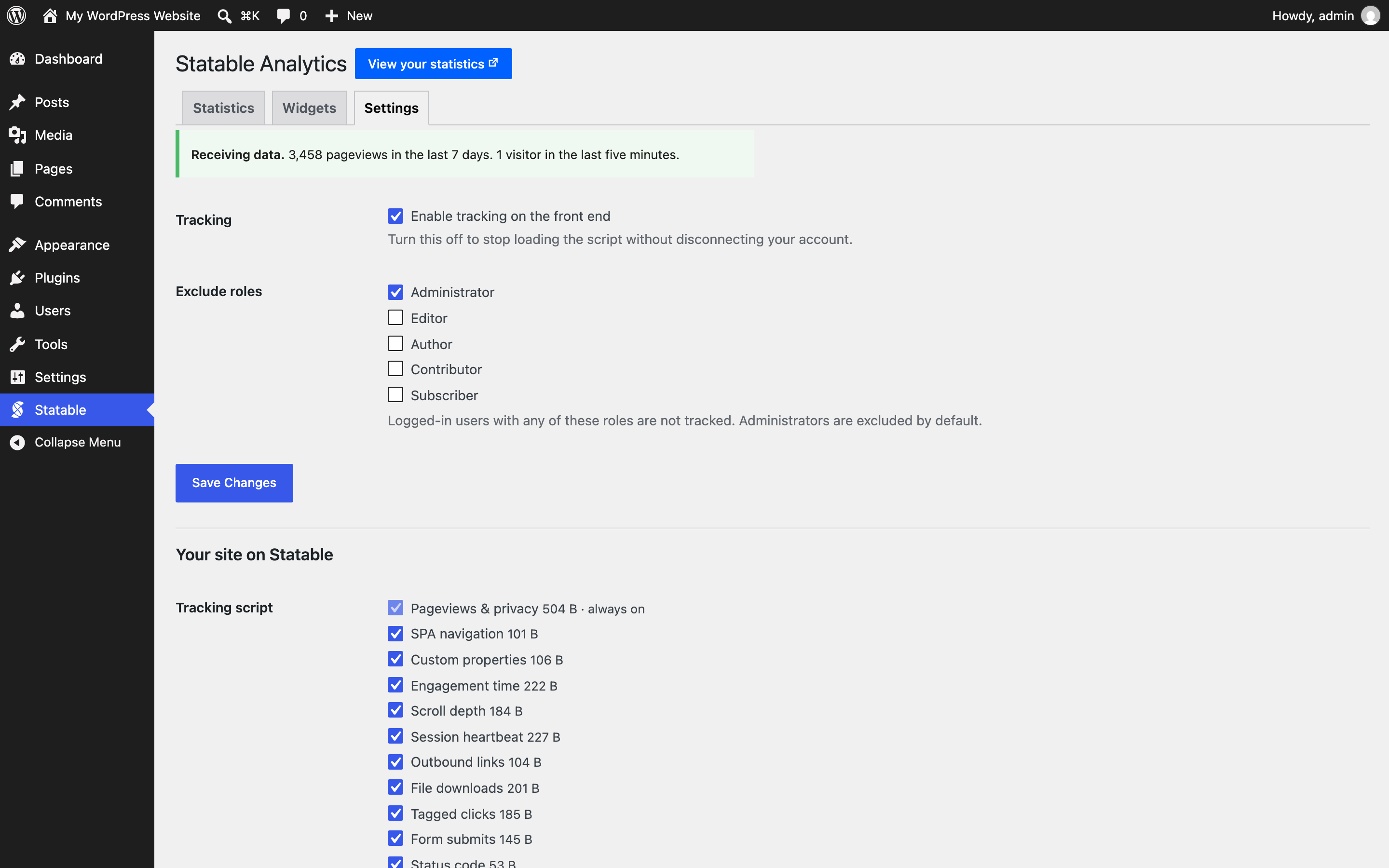 Settings: which roles stay out of your stats, what the tracking script measures, and the state of the connection.