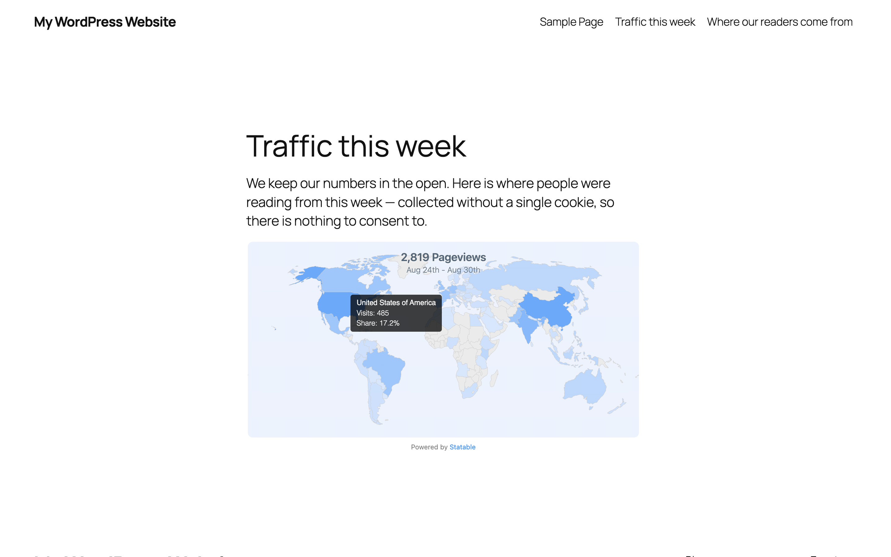 The visitor map on a page of your own, placed with the Statable block. Hovering a country names it, with the visits and the share it accounts for.