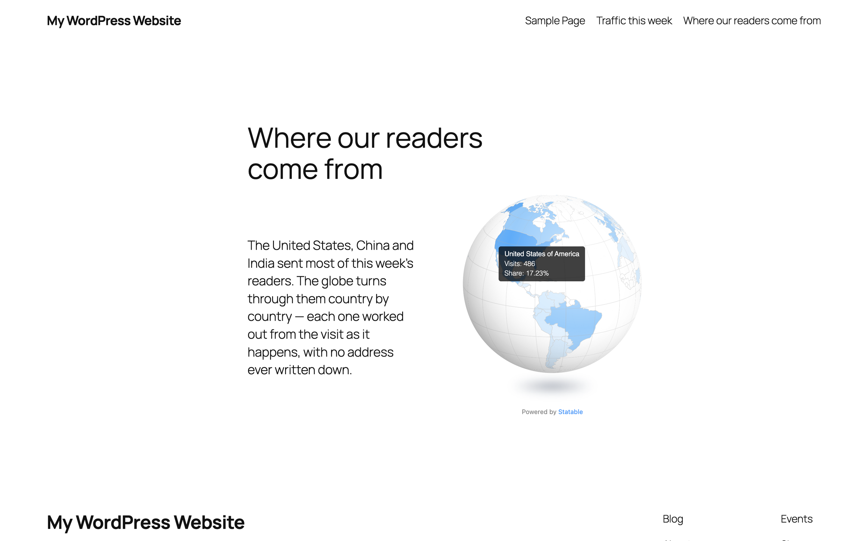 The same block set to the 3D globe, turning beside the text and answering the same hover: one block, four widgets, and the layout is yours.